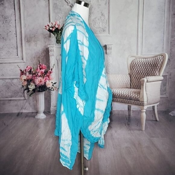 Open Front Blue White Tie Dye Summer Beach Vacation Swim Cover Up One Size - Picture 3 of 6